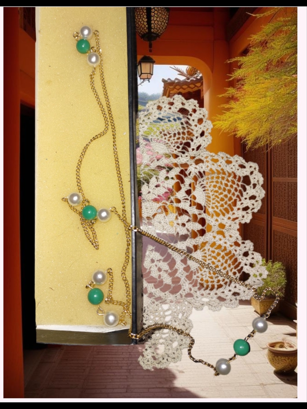 30" Gold Chain with Pearl & Green Stationed Beads Necklace - Picture 5 of 11